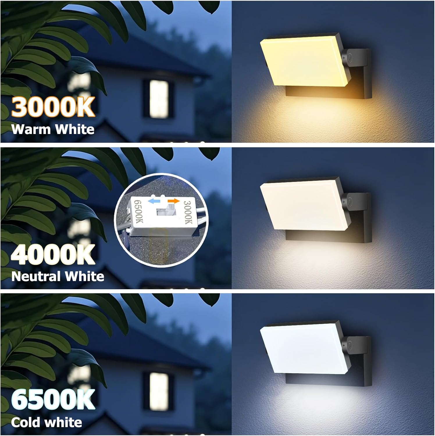 3CCT LED Outdoor Wall Lights, 4800LM, 360° Adjustable, 3 Color Modes, IP66 Waterproof, Security Wall Pack Flood Lights for Garage, Porch, Patio, Black