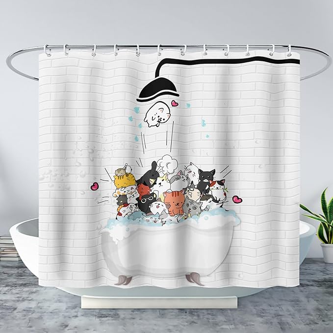 AILONEN Cute Cats Shower Curtain for Kids 72" W*96" H Inch,Kawaii Hilarious Funny Cat Pet Playing Water Shower Curtain,12 Pack Hooks Polyester Waterproof Fabric Decor for Bathroom Bathtub Panels