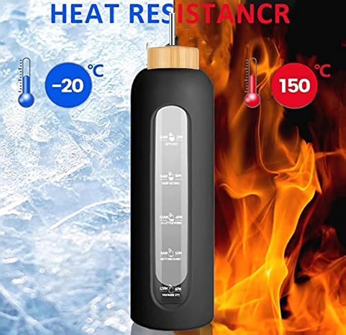 32 oz Glass Water Bottles with Straw - Motivational Glass Water Bottle with Time Marker & Silicone Sleeve(black)