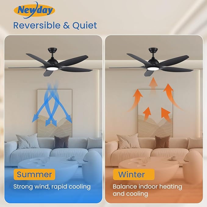 Newday 60 inch Black Ceiling Fan with Light Remote Control, Dimmable 3 CCT LED Ceiling Fans with Lights, 6 Speeds Reversible DC Motor Modern Ceiling Fan for Living Room Bedroom Indoor Outdoor