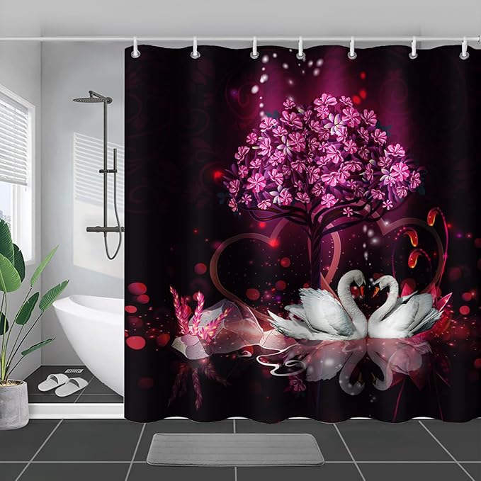 AILONEN Romantic Love Theme Shower Curtain for Girls Pink Love Tree Floral Valentine Bathroom Decor,Swan Couple Lover Bath Curtain 72" W*78" H Polyester Waterproof Bathroom Curtain with Hooks