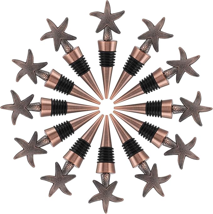 12PCS Valentine's Day Wedding Favors for Guests,Zinc Alloy Decorative Starfish Wine and Beverage Bottle Stoppers Caps Reusable Plug Keep Wine Fresh (12,Bronze Starfish)