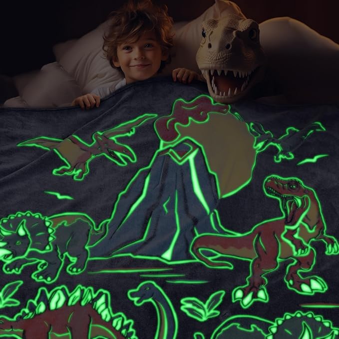 Glow in The Dark Dinosaur Blanket Toddler Boy Kids Dino Present Gifts Soft Fuzzy Fleece Throw Blanket Decorations for Couch Sofa Bedroom