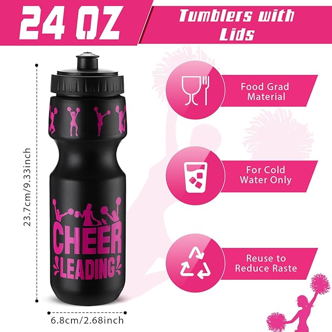 24 Pcs 24 oz Cheerleading Water Bottle Bulk and Drawstring Bag Set 12 Reusable Plastic Biking Water Bottle Tumbler 12 Sport Gym Goodie Gift Bag for Party Favor