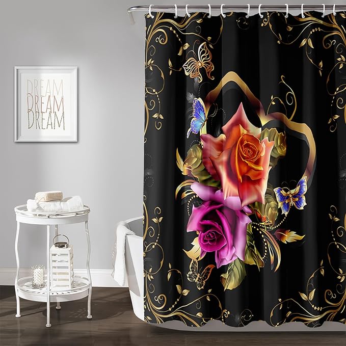 AILONEN Girls Rose Floral Shower Curtain 72" W*78" H for Bathroom, Gold Yellow Flower Butterfly Bathroom Curtain,Women Teen Girls Flower Bath Curtain Polyester Waterproof Bath Curtain with 12 Hooks