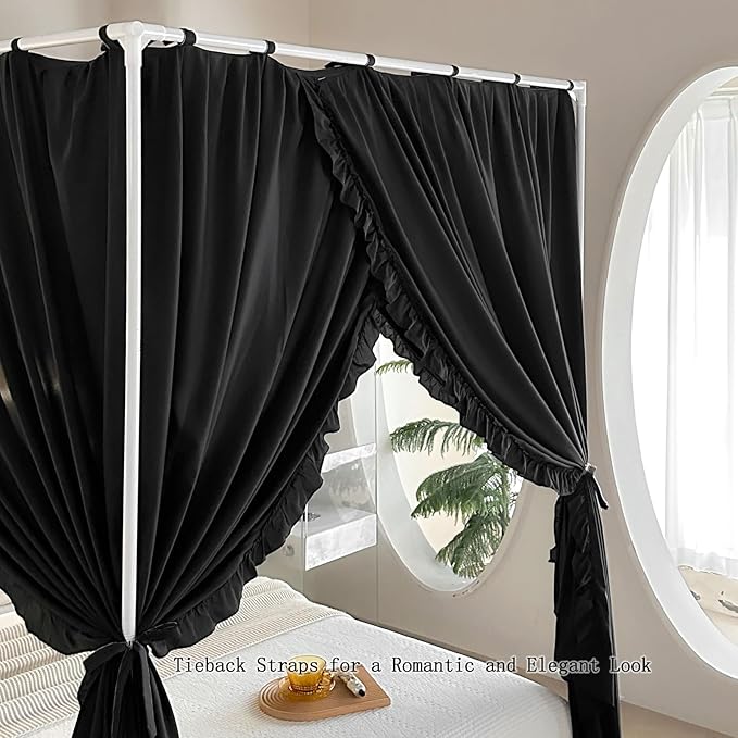 AIKASY Princess Canopy Bed Curtains with Top Ties - Windproof & Lightproof for Girls' Adult Bedroom Decor | Bed Canopy Drapes (King,Black)