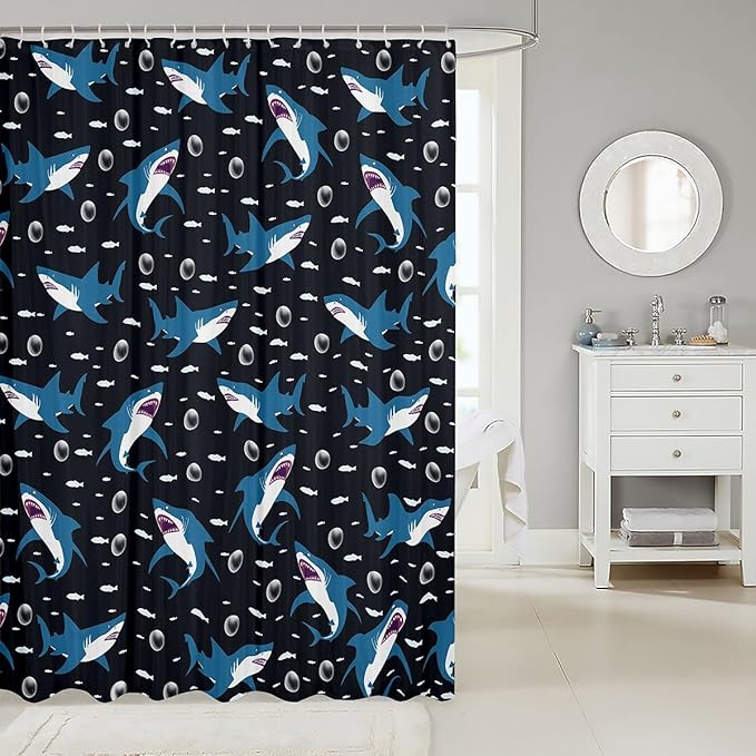 Feelyou Shark Bath Curtain Cute Shark Bathroom Shower Curtain Set for Kids Toddler Boys Girls Cartoon Shark Shower Curtain Shark Ocean Kids Bathroom Accessories 72"x78"