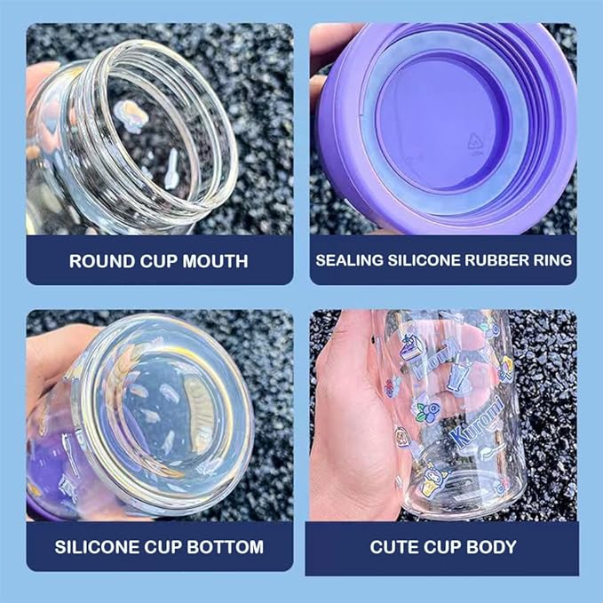 360ML/12.2OZ Cute Glass Water Bottle, Cute Portable Sports Leakproof Water Cup,Cute Glass Water Bottle for School, Camping,Traveling,Office,Car,Girls(Pink)
