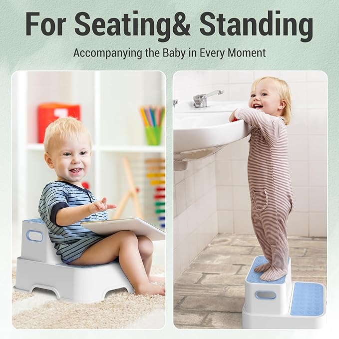 2 Step Stools for Kids,Toddler Step Stool for Bathroom Sink,No-Slip Double up Step Stool for Toddlers Bathroom, Multifunctional Toilet Step Stool for Kids,Toilet Potty Training(2 Packs)（Blue）