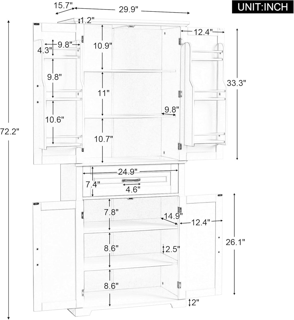 72.2" Tall Storage Cabinet with 4 Doors and Drawer, Freestanding Linen Cabinet, Wooden Pantry with Adjustable Shelf for Kitchen, Bathroom, Living Room, Grey
