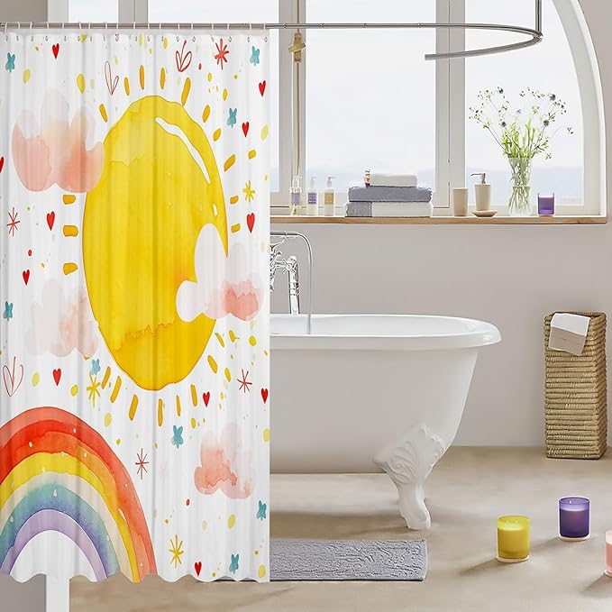 Feelyou Boys Girls Rainbow Shower Curtain Sun Bath Curtain Colorful Bathroom Shower Curtain Set Kids Cute Cartoon Teens Bathroom Accessories Room Decor 72"x84"
