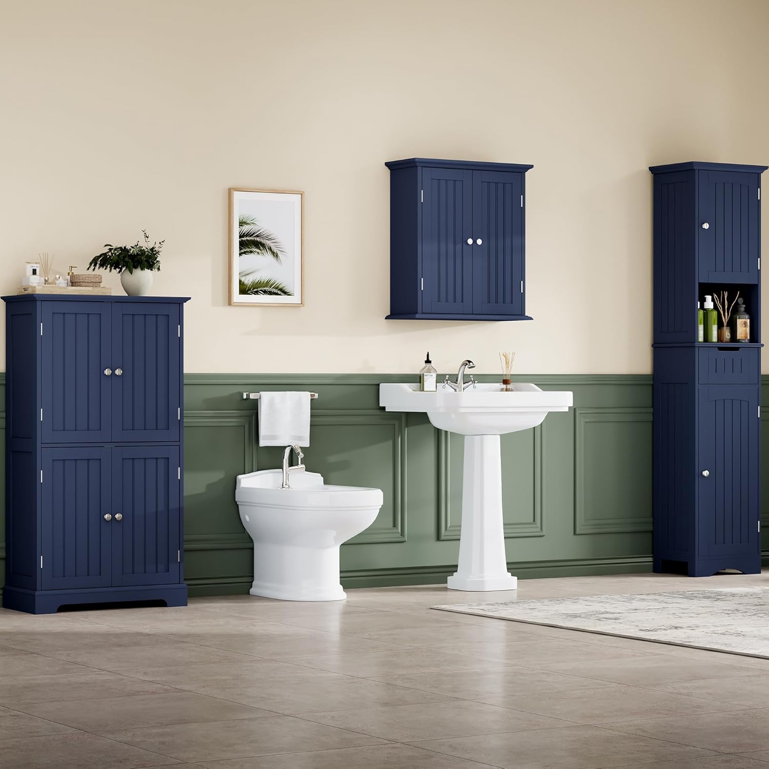 ChooChoo Bathroom Floor Cabinet, Modern Bathroom Storage Cabinet with 4 Doors and Adjustable Shelves, Freestanding Cupboard for Living Room, Navy Blue