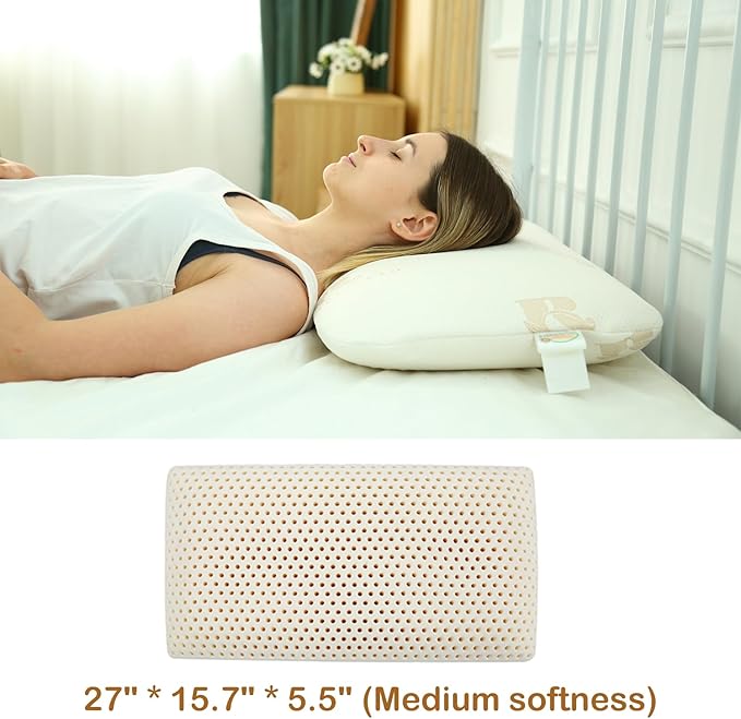 Royalisneeo 100% Talalay Latex Pillow, Medium Soft, Foam Rubber Pillow Helps Relieve Pressure,Perfect Package with Cotton Cover for Back, Stomach and Side Sleepers（Queen）