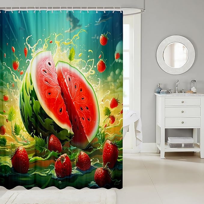 Feelyou Watermelon Shower Curtain Strawberry Fabric Shower Curtain for Kids Boys Girls Fruit Bathroom Waterproof Accessories with 12 Hooks Summer Curtains,72x78 Inches