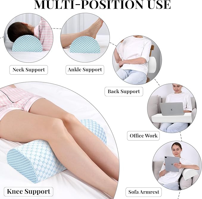 Knee Pillow for Side Sleepers Memory Foam Leg Pillows for Sleeping Yoga Bed Half Moon Bolster Pillow for Neck Pain Relief with Pillowcase 20.5x8x4.5 Inches(Cooling Blue, Standard Size)