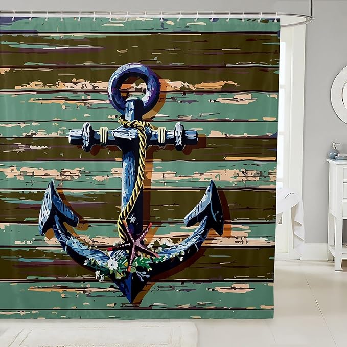 Feelyou Anchor Nautical Shower Curtain Wooden Anchor Decor Fabric Shower Curtain for Kids Boys Girls Vintage Green Bathroom Waterproof Accessories with 12 Hooks Rustic Farmhouse Curtains,72x78 Inches