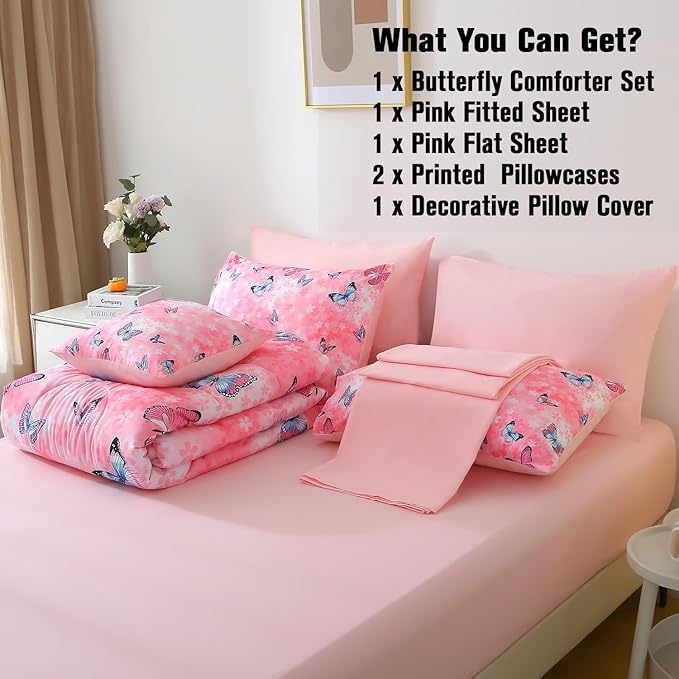 JQinHome 6 Piece Butterfly Comforter Set Twin, 3D Pink Flower Printed Butterfly Bedding Set,All Season Microfiber Butterfly Theme Home Decor Bedding for Girls with Sheet Sets(Pink)