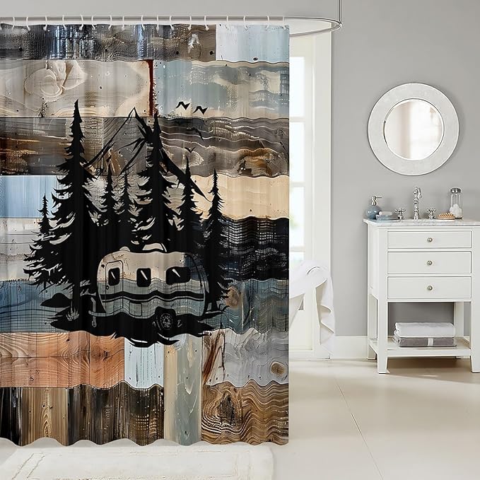 Feelyou Camper Bath Curtain Camping Bathroom Shower Curtain Set for Kids Toddler Boys Girls Happy Camping Shower Curtain Camping Car Kids Bathroom Accessories 72"x78"