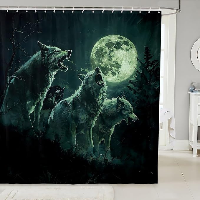 Feelyou Wolf Bath Curtain Wolves Howling Shower Curtain for Boys Girls Green woles Bathroom Shower Curtain Set Animal Wolves Kids Bathroom Accessories 72"x72"
