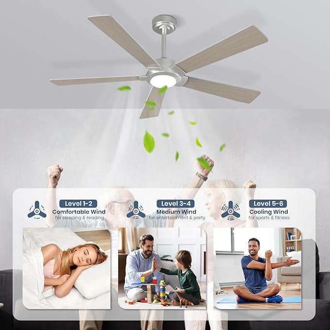 GESUM 52 Inch Smart Ceiling Fan with Light, Nickel Ceiling Fan with 5 Reversible Blades, Dimmable, 6 speed, 3CCT, Outdoor Ceiling Fan with Remote/App Control for Patio Kitchen Bedroom (Nickel)