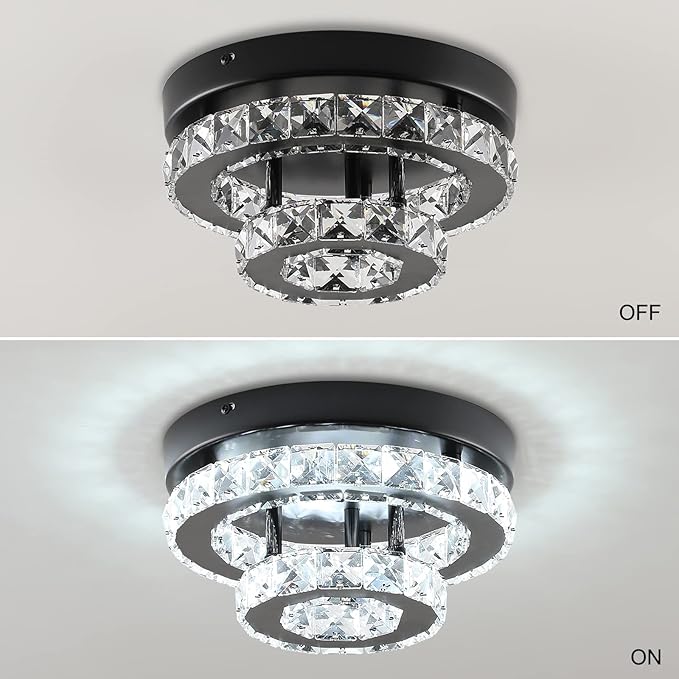 Modern Crystal Chandelier Black Flush Mount Ceiling Light Surface Mount Led Ceiling Light Mini Bedroom Ceiling Lights Indoor 9.8" Diameter Mini Crystal Chandeliers Black 6000K