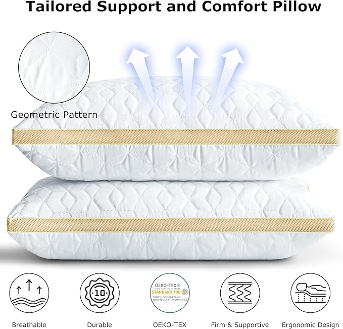 Cooling Pillows King Size Set of 2, Luxury Hotel Down Alternative King Size Pillows, Supportive Gusseted King Pillows, Medium Firm Bed Pillows for Sleeping, 2 Pack Washable King Pillows