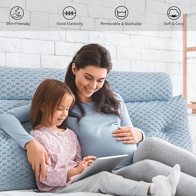 Wedge Headboard Pillow - Bed Wedge Pillow for Headboard Triangular Headboard Pillow with Neck Roll Pillow-Large Bolster Pillow for Sitting in Bed Backrest Positioning Support (Blue,59x8x20 Inches)