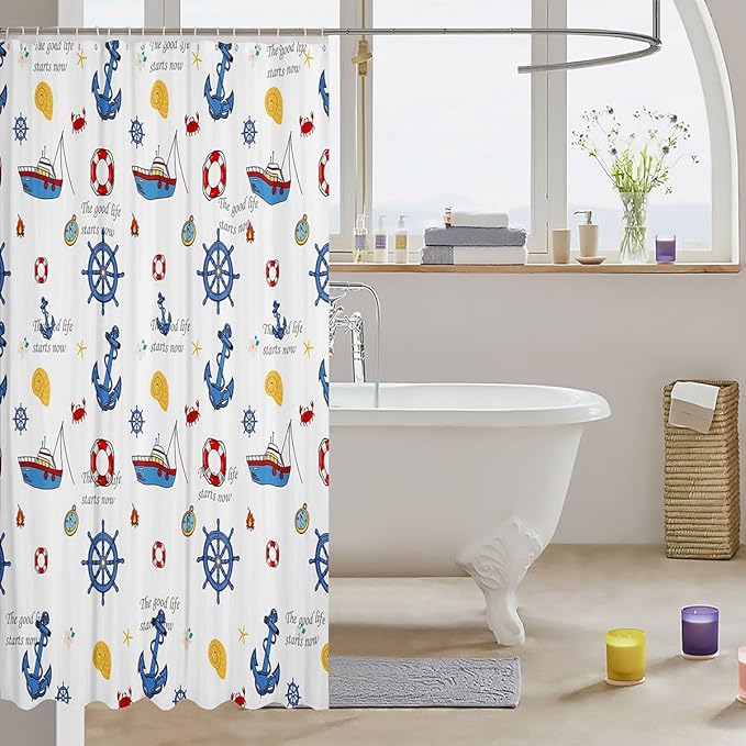 Feelyou Anchor Decor Shower Curtain 72"x84" Kids Sailboat Printed Bathroom Shower Curtain Set for Boys Girls Teens Nautical Compass Print Bath Curtain Ocean Marine Themed Bathroom Accessories