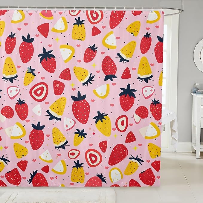 Feelyou Strawberry Fabric Shower Curtain Colour Shower Curtain for Kids Boys Girls Tropical Fruit Print Bathroom Waterproof Accessories with 12 Hooks Fresh Pineapple Pattern Curtains,72x78 Inches