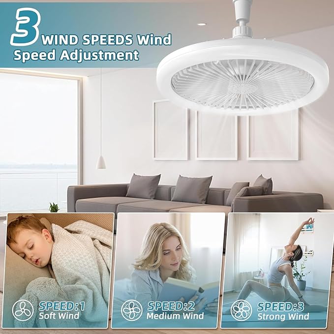 Socket Ceiling Fan with Light, Remote Control LED Small Ceiling Fan Screw in Light Bulb, Plug into Ceiling Mini Remote Ventilador for Living Room & Bedroom & Kitchen & Bathroom (White)