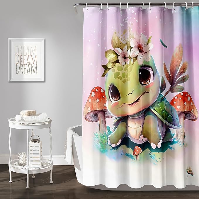 AILONEN Kawaii Sea Turtle Shower Curtain,Tie Die Ocean Animal Themed Bath Curtain Cloth Fabric Bathroom 72" W*84" H Inch,12 Pack Hooks for Kids,Sea Animal with Mushroom Bathroom Curtain