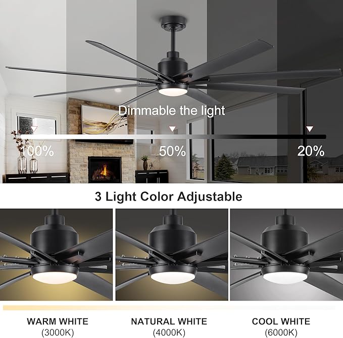 NicBex Ceiling Fan 72 Inch Ceiling Fan with Lights Ceiling Fans with Remote Control and 8 Blades Ceiling Fan with 6 Gear Wind Speed for Bedroom, Living Room, Pure Black