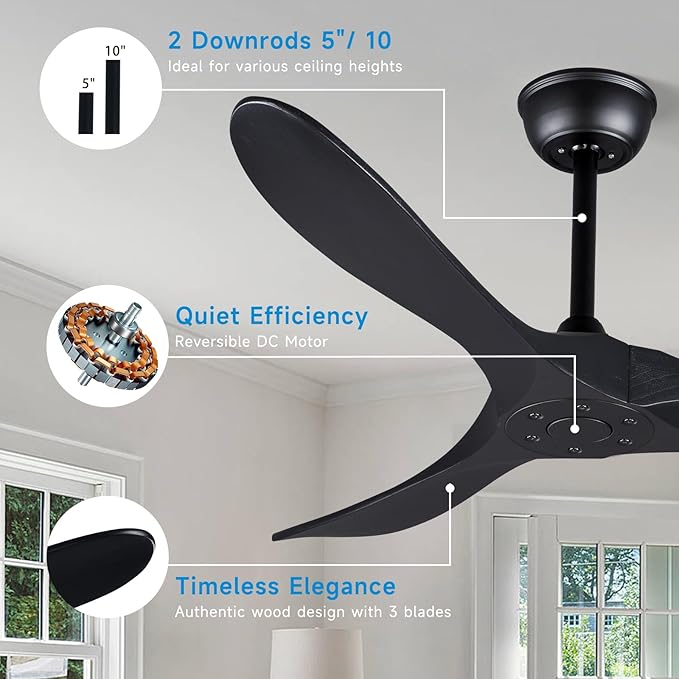 Bigzone 52" Outdoor/Indoor Black Ceiling Fans Without Lights with Remote Control, Energy Efficient DC Motor 27W, Smart Ceiling Fan With Reversible Blades