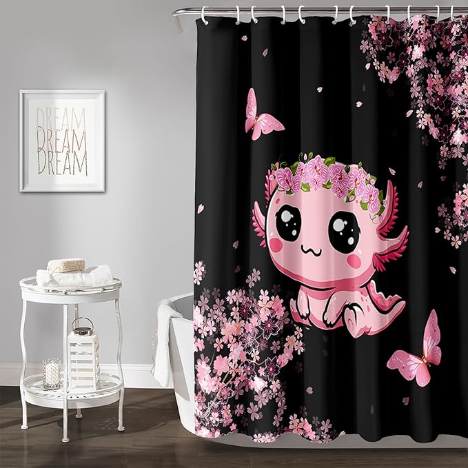 AILONEN Cute Cartoon Axolotl Kawaii Shower Curtain,Pink Cherry Blossom Floral Bath Curtain,Animal Axolotl Butterfly Waterproof Black Curtain for Bathroom, 48" W x 72" H