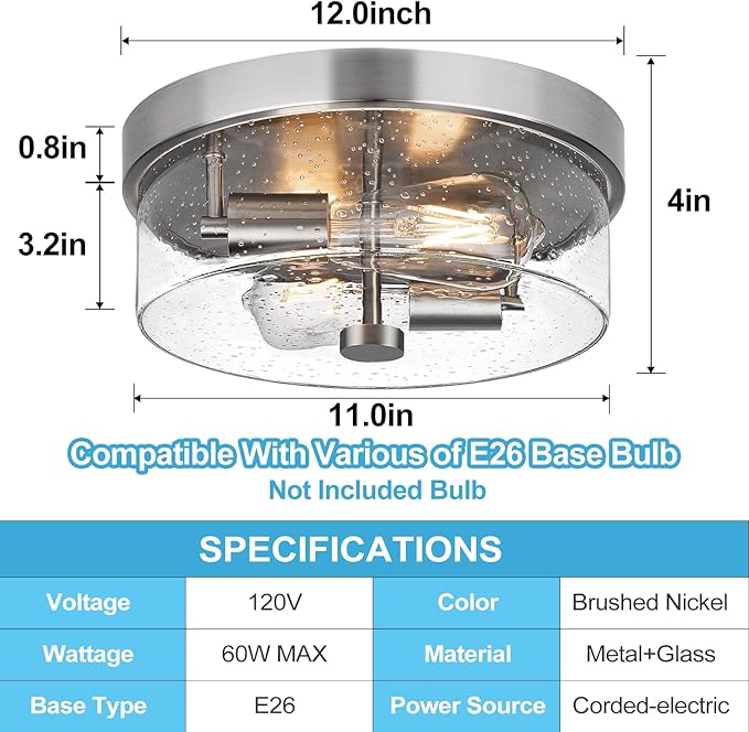 Flush Mount Ceiling Light Fixtures, 2-Light 12 Inch Brushed Nickel Close to Ceiling Light Fixtures with Seeded Glass Shade Ceiling Light Fixture for Porch, Hallway, Bathroom, Dining Room and Foyer