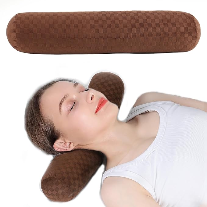 Health Cervical Neck Roll, Comfortable and Highly Resilient Bolster Pillows, Round Neck Pillows Support for Sleeping, Large Size Bolster Pillow for Bed, Legs, Back and Yoga (Checkerboard--Brown)