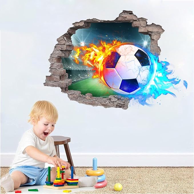 3D Soccer Wall Stickers Removable Soccer Wall Decals for Boys Break Through The Wall Vinyl Football Soccer Wall Stickers Murals Vinyls Decals for Teenager Room Playroom Decor (T0206)