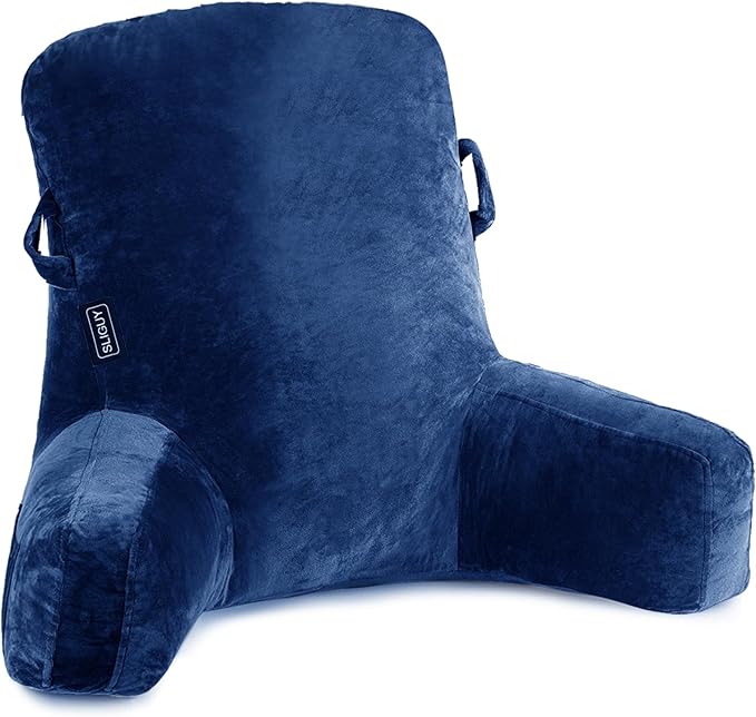 SLIGUY Reading Pillow Standard Bed Pillow for Sitting in Bed Couch or Floor-Backrest with Arms Support and Pockets, Adult Back Pillow Bed Chair for Bed Rest, Reading, Watching TV, Gaming, Blue