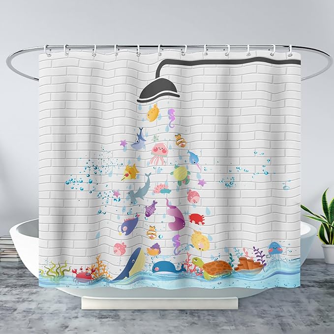 AILONEN Cute Fish Shower Curtain for Kids 72" W*72" H Inch,Raining Marine Animal Playing Water Shower Curtains,12 Pack Hooks Polyester Waterproof Fabric Decor for Bathroom Bathtub Panels
