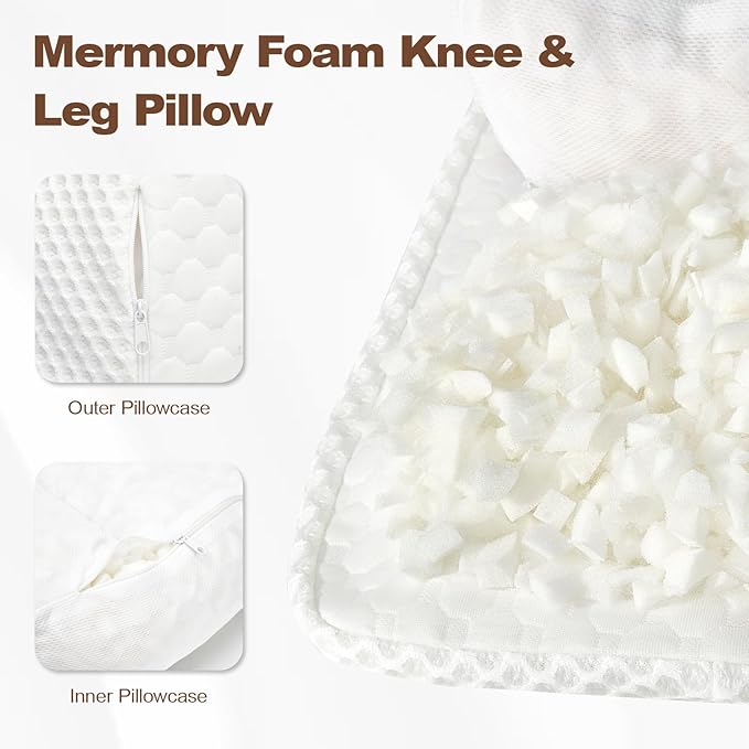 Memory Foam Knee Pillow for Side Sleepers, Between Legs Pillow, Soothing Relief for Sciatica Back HIPS Knees Joints, with Inner Pillowcase and Extra Foam Filler, White