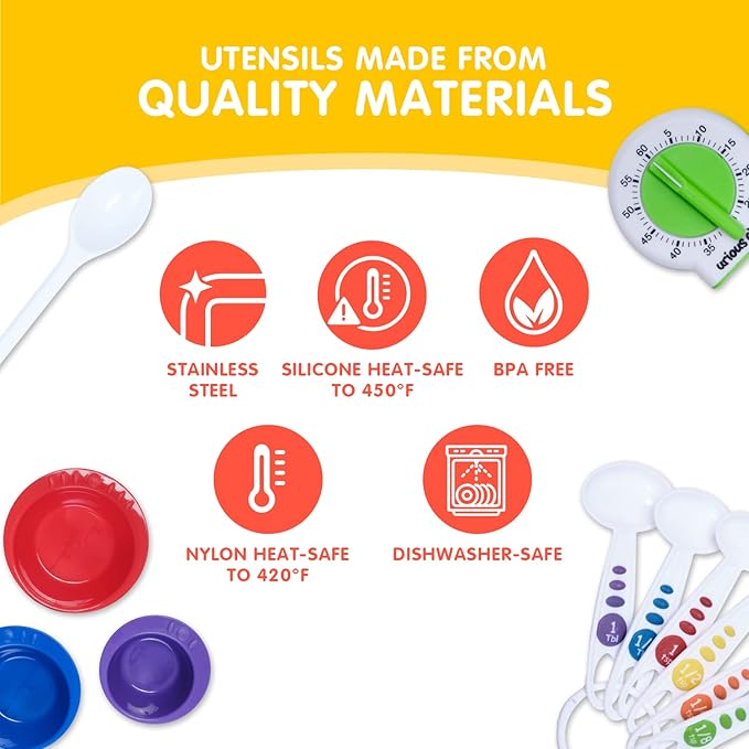 Curious Chef 17-Piece Cookware for Kids, Measure & Prep Kit, Dishwasher Safe Tools, Made with BPA-Free Plastic, Includes Real Utensils - Measuring Cups, Spoons, Bowl Set, Kitchen Timer & More