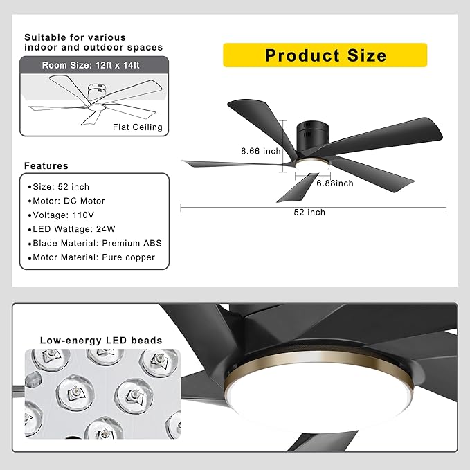 Ohniyou 52” Low Profile Ceiling Fan with Lights, Remote & APP Control Modern Flush Mount Indoor Outdoor Ceiling Fans, Dimmable, Silent DC Motor, Reversible, Black