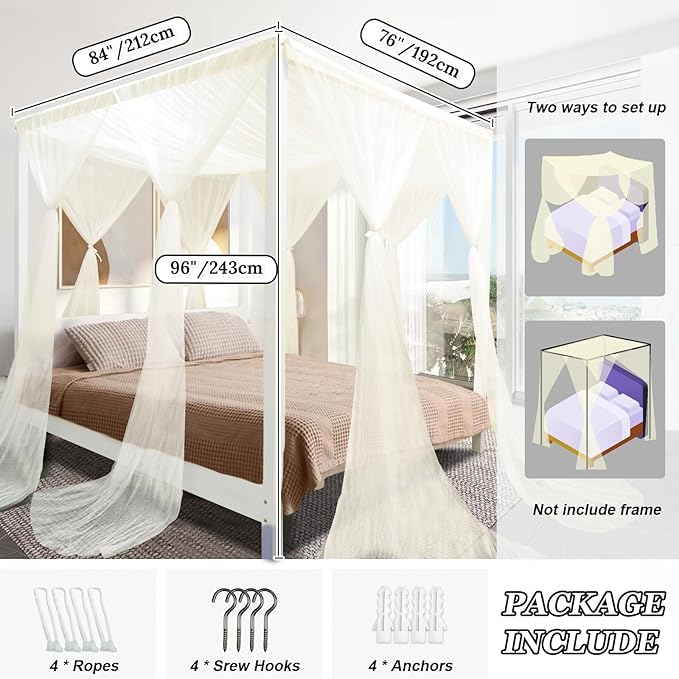 tupi Beige Canopy Bed Curtains for King/Queen Size Bed, 4 Corner Adult Bed Canopy, Ultra Elegant Bed Curtain Drapes Bedroom Decor, Stylish Polyester Netting Canopy, Easy Installation