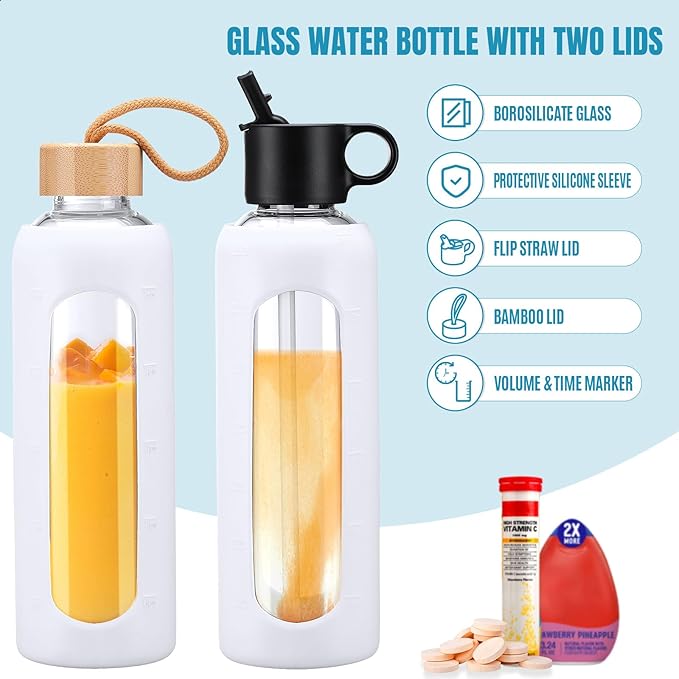 24oz Glass Water Bottle With 2 Lids-Flip Straw Lid, Bamboo Lid, Glass Water Bottle With Silicone Sleeve, Motivational Time Marker, Glass Juice Bottle for Cold Drink,White