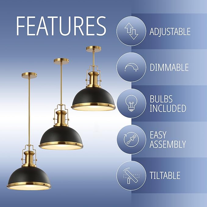 JONATHAN Y JYL9536A Homer 13" 1-Light Modern Industrial Iron LED Dome Pendant, Classic, Cottage, Farmhouse, Industrial, Rustic, Transitional, Office, Living Room, Kitchen, Foyer, Black/Brass Gold