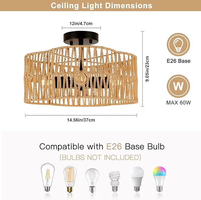 Boho Light Fixtures Ceiling Mount, 4-Light Farmhouse Rattan Ceiling Light Fixture, Semi Flush Mount Ceiling Light with Hand-Woven Shade, Modern Chandelier for Living Bedroom Kitchen Nursery