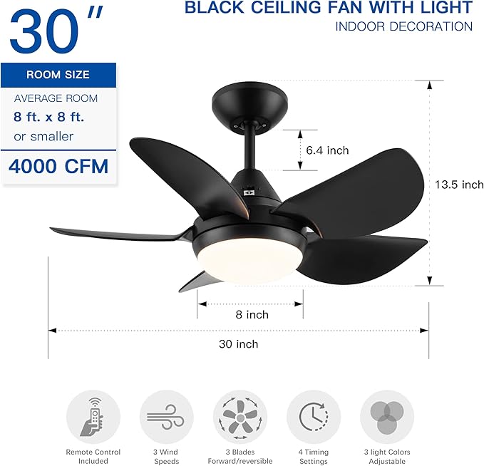 NicBex Ceiling Fan 30 Inch Indoor Modern Ceiling Fans with Integrated LED Light and Remote Control Down Rod Mount Ceiling Fan with 5 Blades for Living Room, Bedroom, Black