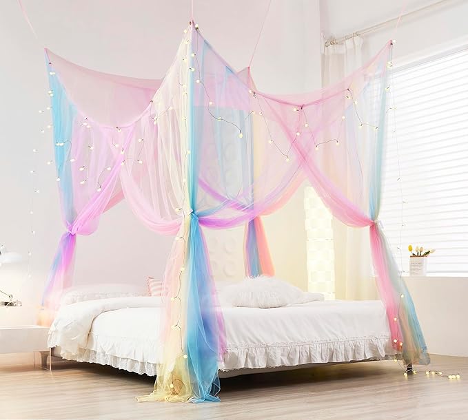 Mengersi Rainbow Bed Canopy with Lights,Bed Netting Canopy for Bed Square Canopy Bed Curtains Canopy - Suggested for Full to King Size Bed,Blue