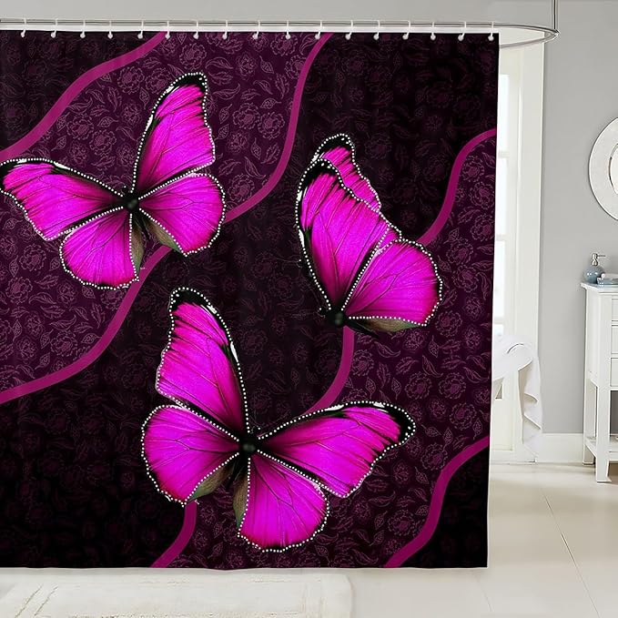 Feelyou Butterfly Shower Curtain 72"x72" Kids Butterflies Botanical Floral Print Bathroom Shower Curtain Set for Boys Girls Teens Geometric Stripes Bath Curtain Rose Bathroom Accessories