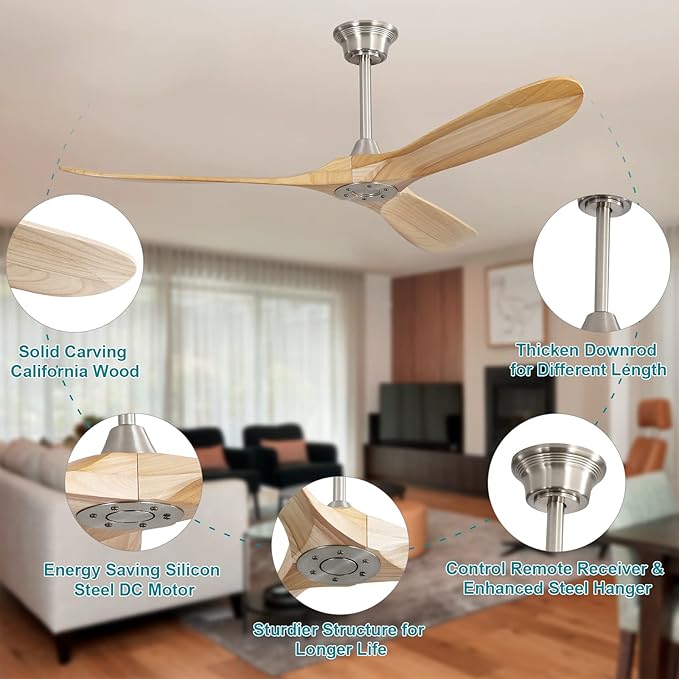 Sofucor 60" Ceiling Fan no Light and Remote Control, Outdoor Ceiling Fan Without Light, 3 Blade Ceiling Fan with Quiet Energy Saving Motor, 6 Speeds, Light Wood Grain